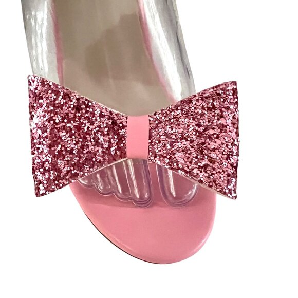 Barbie Pink Glitter Bow Open Toe Heels Block Heel Sandals Size 9 41 Prom Formal - Picture 4 of 11
